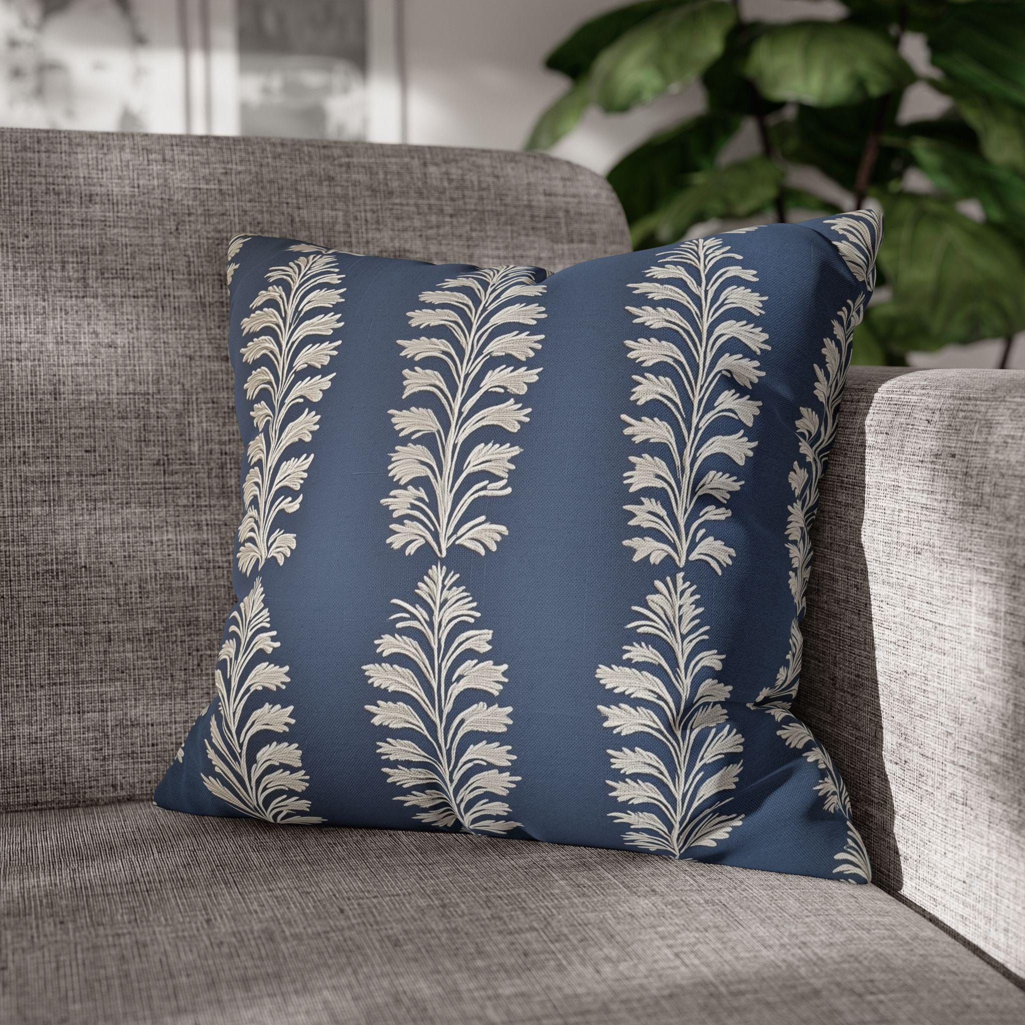 Slate Blue Botanical Pillow Cover: Ivory Leaf Stripe, Farmhouse Decor