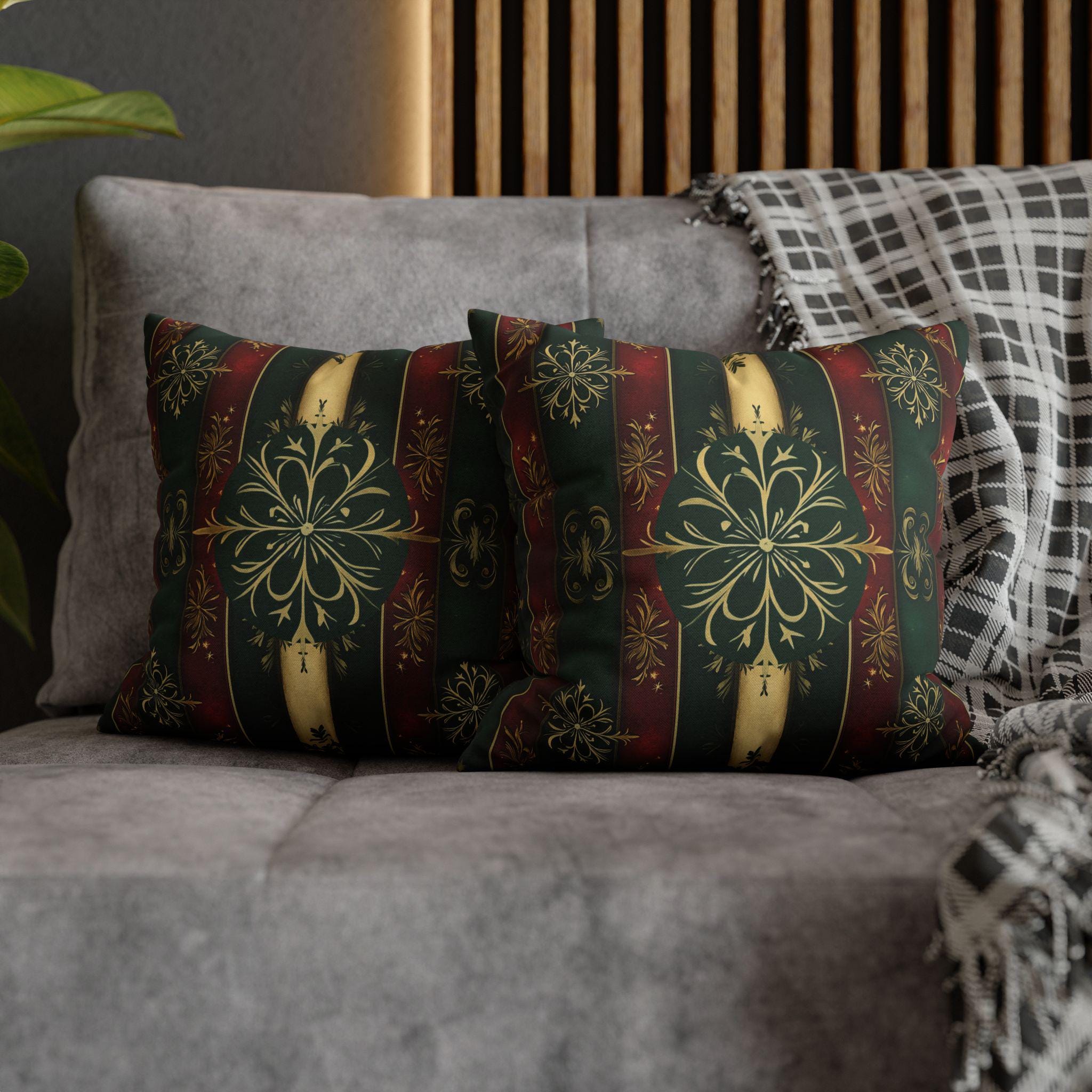Snowflake Christmas Pillow Cover: Red Green Gold Elegant Home Accent