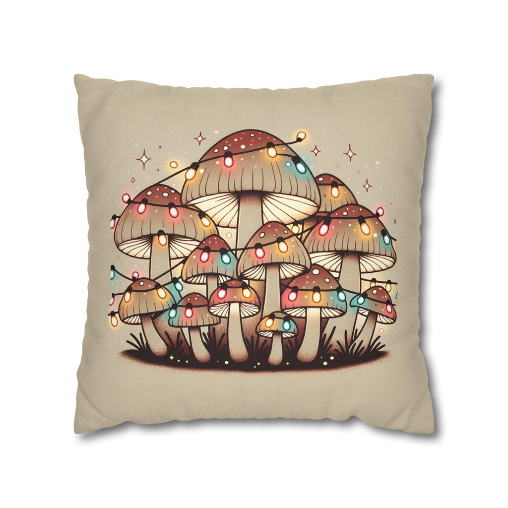 Whimsical Mushrooms Adorned with Colorful Christmas Lights: A Unique Throw Pillow Cover for the Holidays