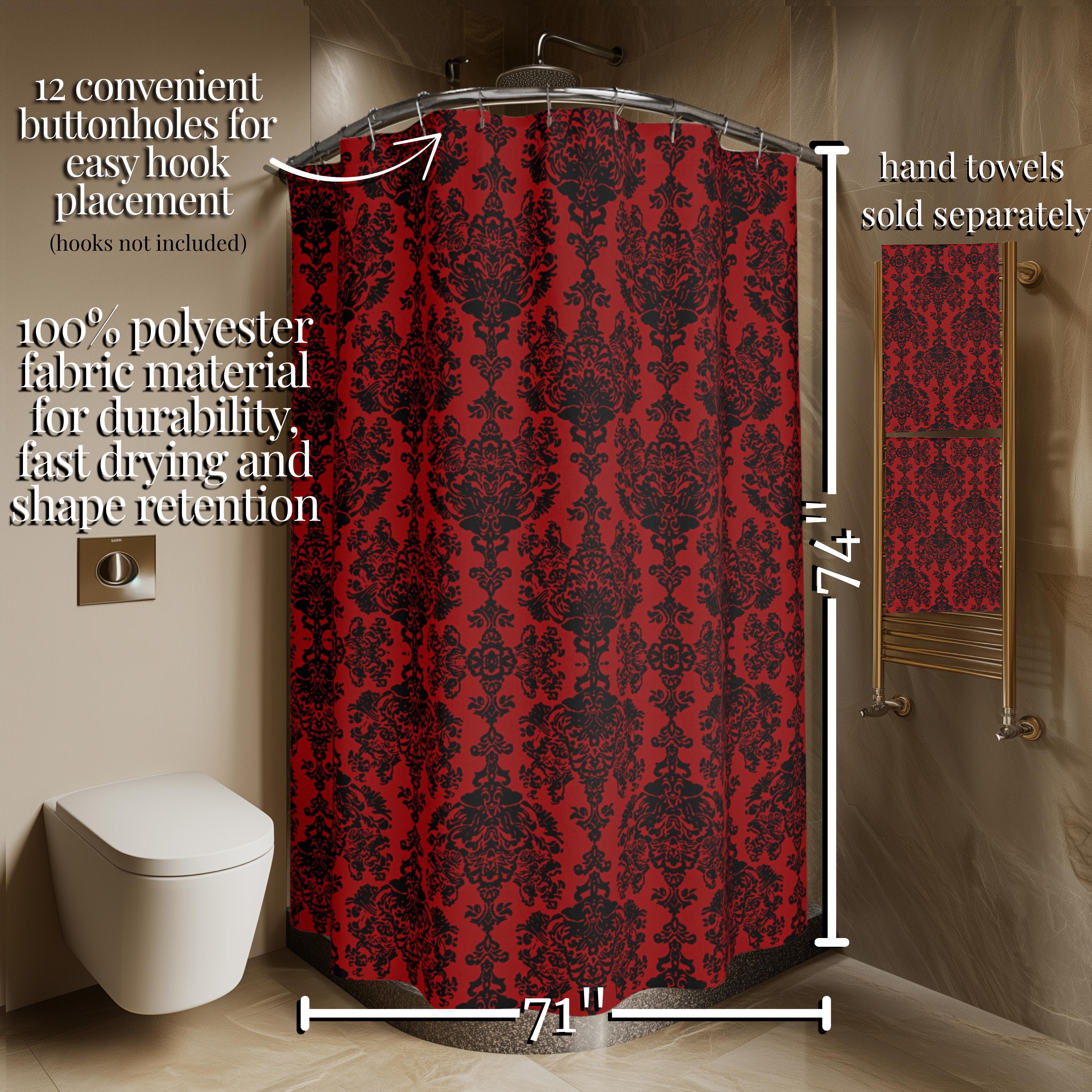 Elegant Gothic Damask Shower Curtain: Black & Crimson Vampire-Inspired Bath Decor for Romantic Ambiance
