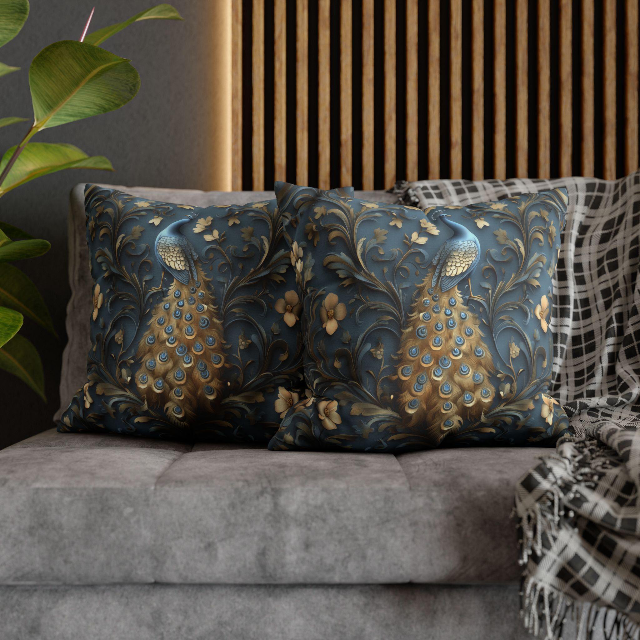 Elegant William Morris Peacock Pillow Cover: Vintage Arts and Crafts Blue Gold Bird Cushion