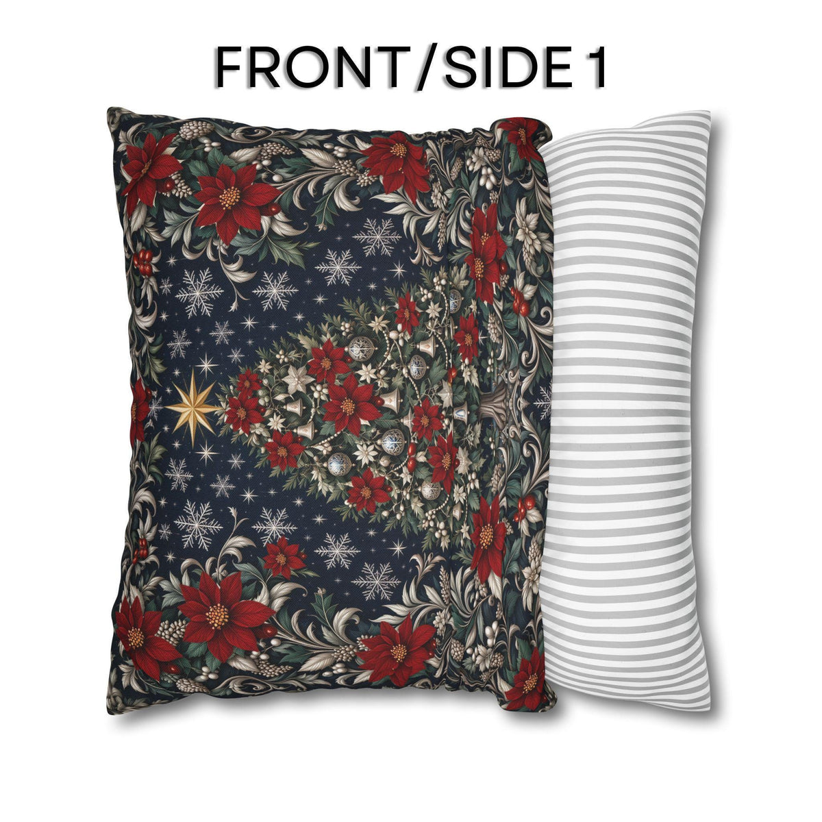 William Morris Christmas Pillow Cover: Navy Blue Poinsettia, Silver Snowflake Vintage Style Holiday