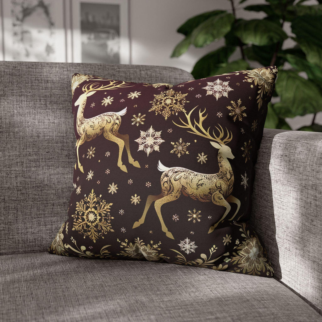 Golden Reindeer Snowflake Decorative Throw Pillow Cover: Festive Elegance Designer Square Pillowcase