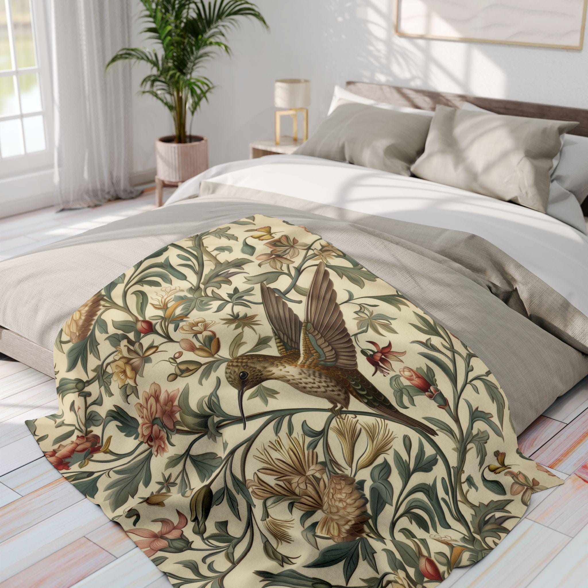 William Morris Hummingbird Throw Blanket: Vintage Style Floral Cottage Decor