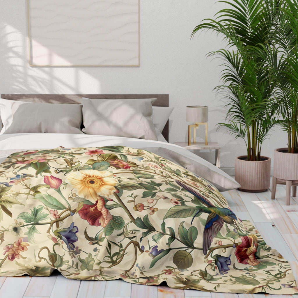 William Morris Inspired Hummingbird Fleece Throw Blanket with Elegant Floral Design