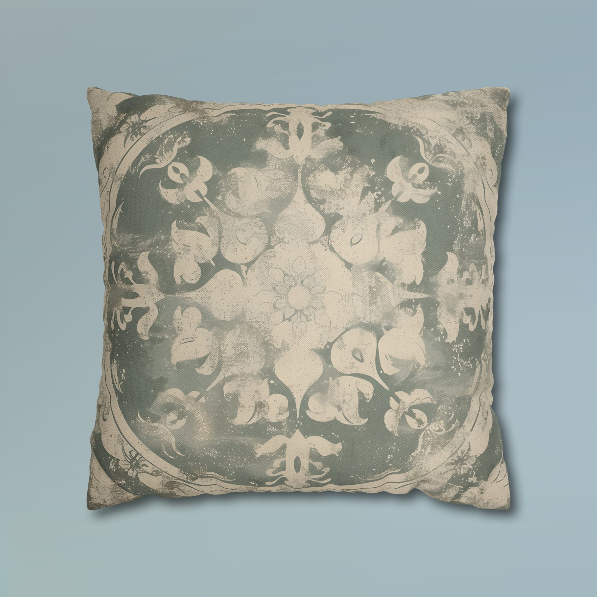 Vintage-Inspired French Farmhouse Pillow Cover: Faded Symmetrical Design in Sage & Off-White