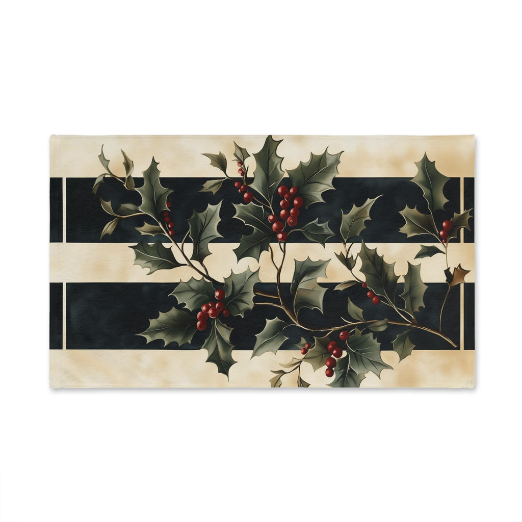 Holly & Stripes Christmas Tea Towel, Elegant Green Red Kitchen Decor