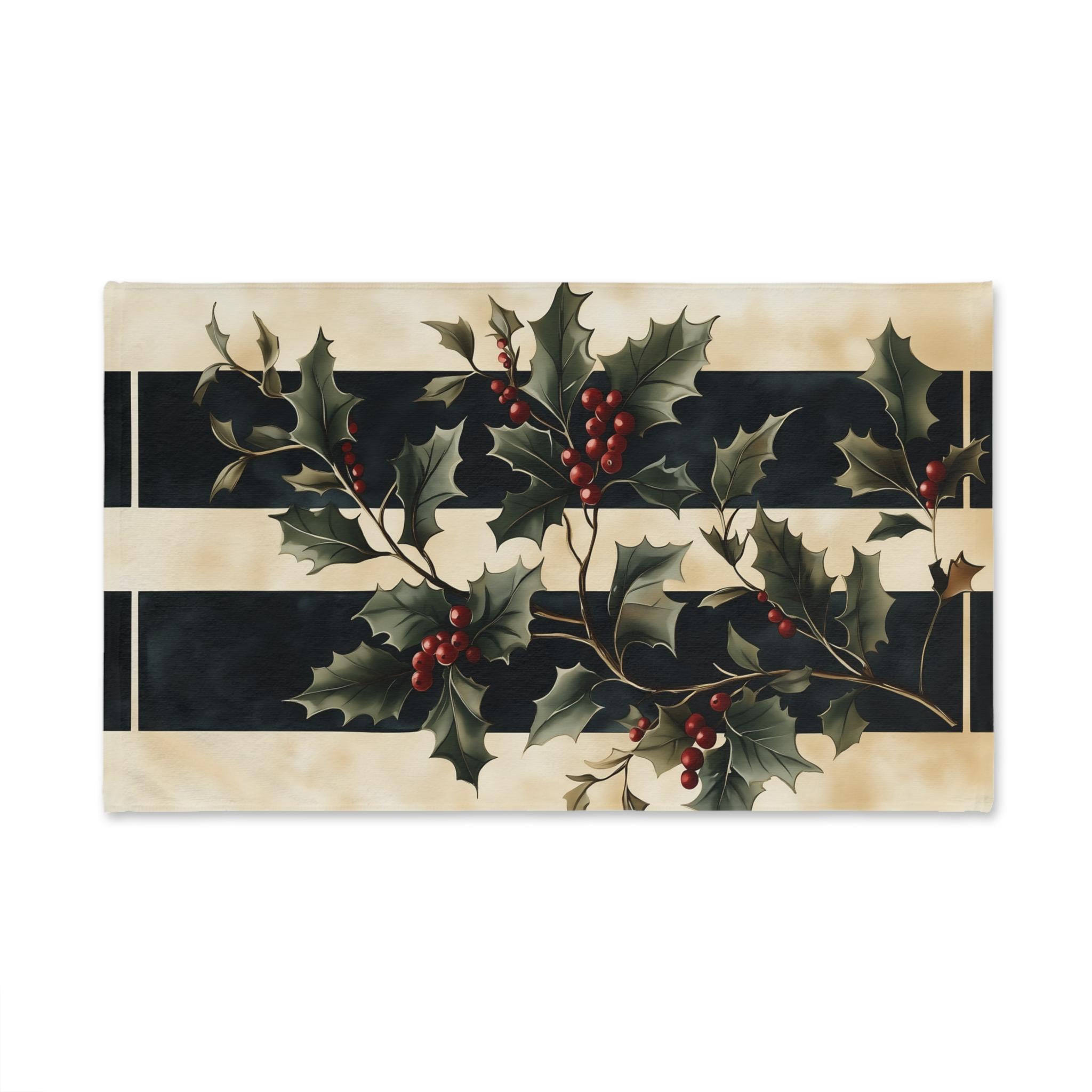 Holly & Stripes Christmas Tea Towel, Elegant Green Red Kitchen Decor