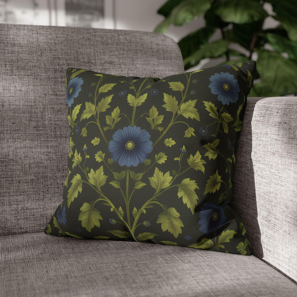 Botanical Pillow Cover: William Morris Inspired Green Cushion with Double-Sided Blue Floral Pattern
