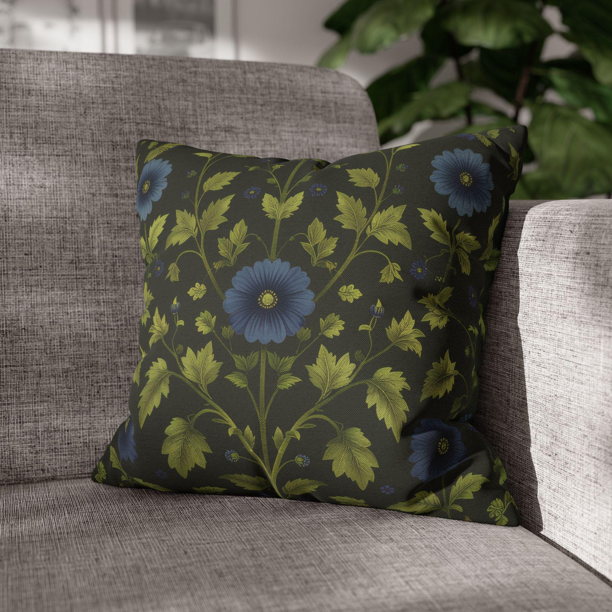 Botanical Pillow Cover: William Morris Inspired Green Cushion with Double-Sided Blue Floral Pattern