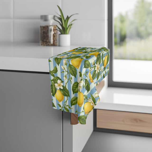 Lemon Soft Blue Stripe Hand Towel: with Green Leaves and White Florals
