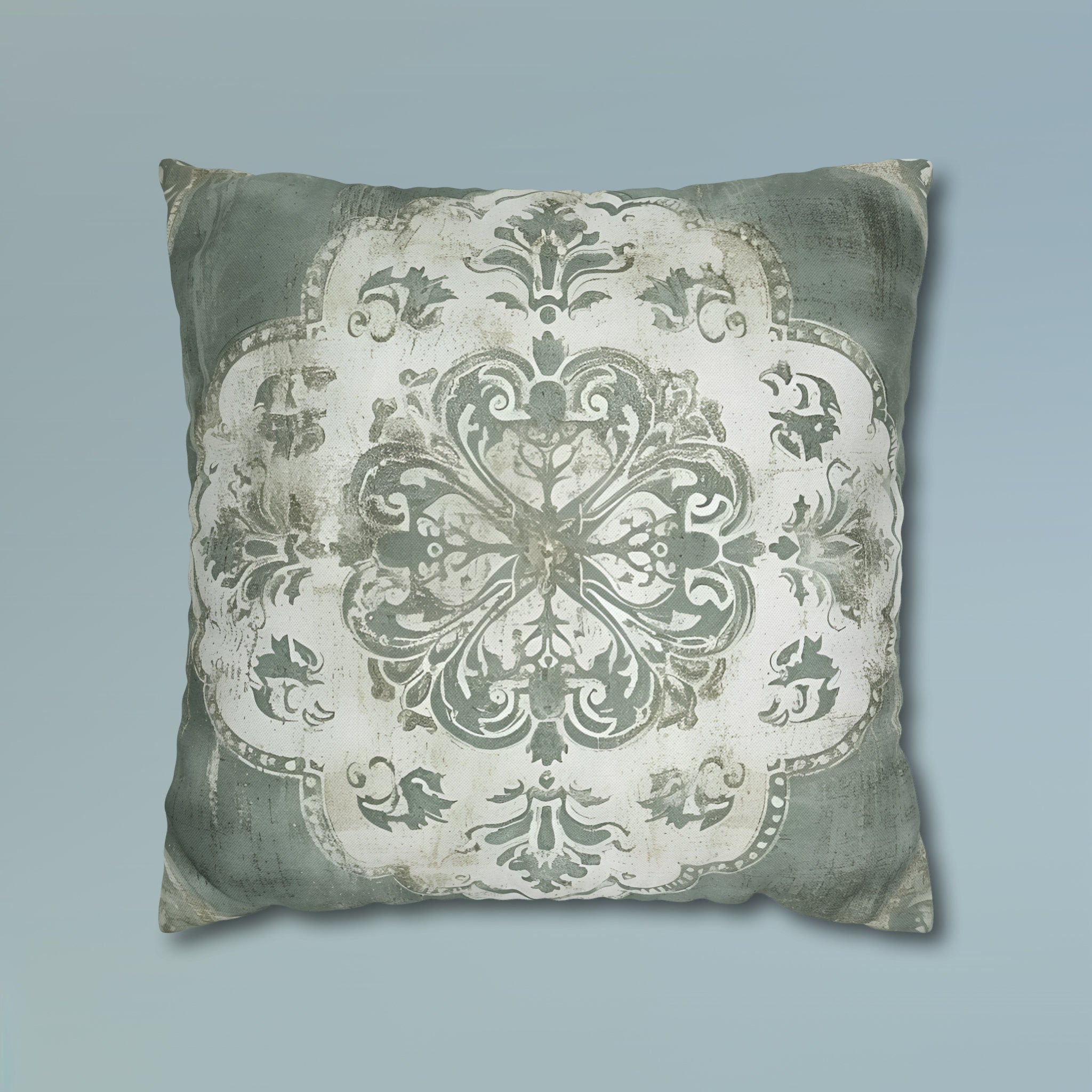Vintage-Inspired French Farmhouse Pillow Cover: Faded White Medallion on Sage Green, Rustic Elegance