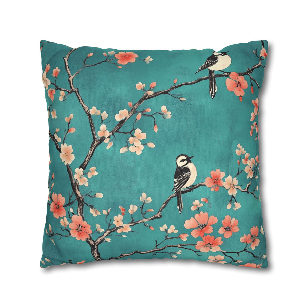 Elegant Chinoiserie Teal Bird Pillow Cover with Coral Blossoms for Nature-Inspired Home Decor