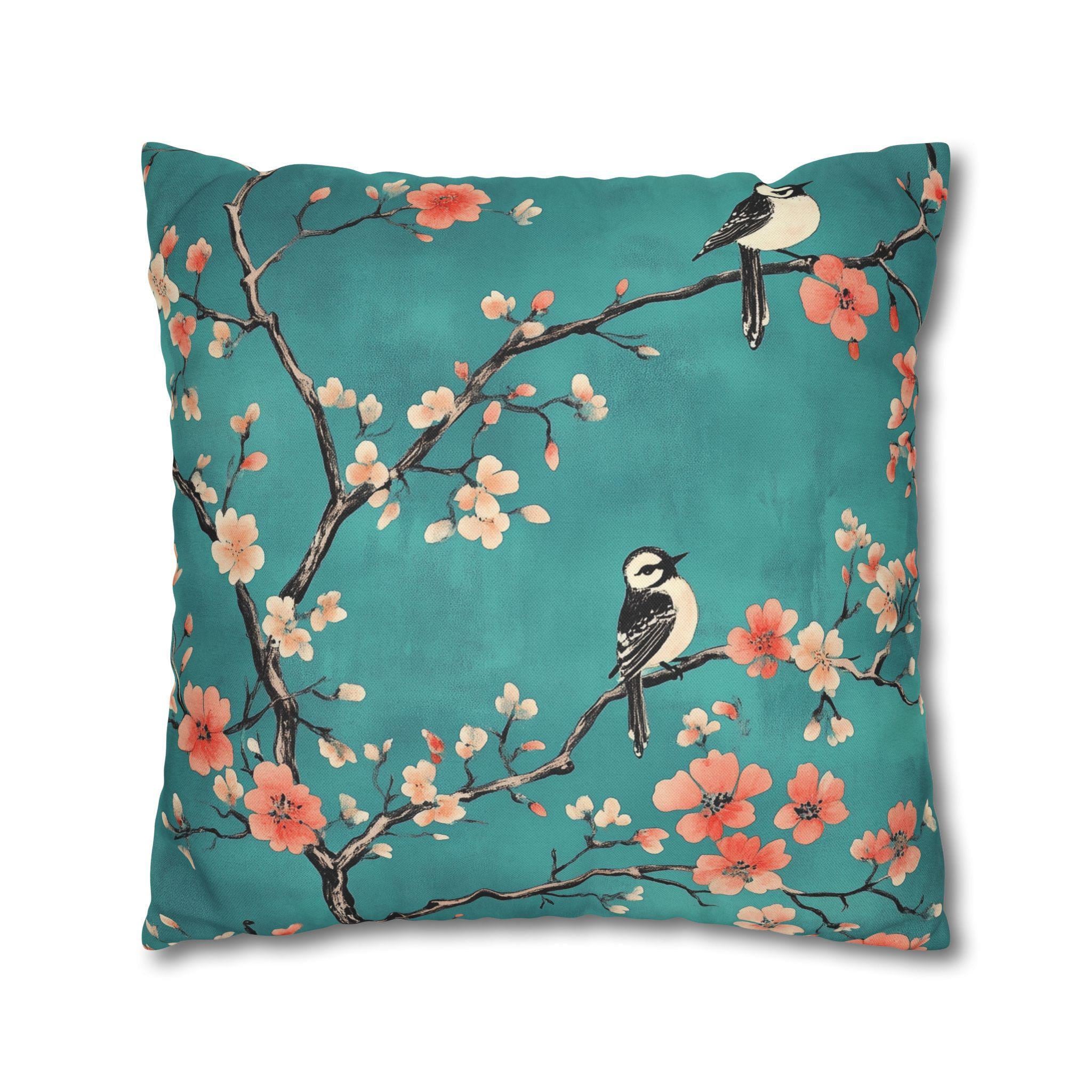 Elegant Chinoiserie Teal Bird Pillow Cover with Coral Blossoms for Nature-Inspired Home Decor