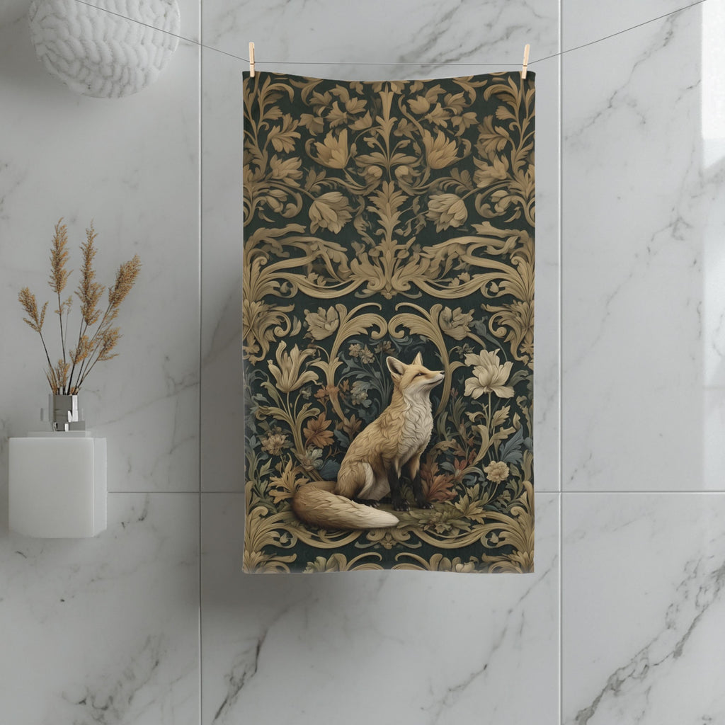 William Morris Fox Hand Towel: Dark Woodland Botanical Arts & Crafts Decor