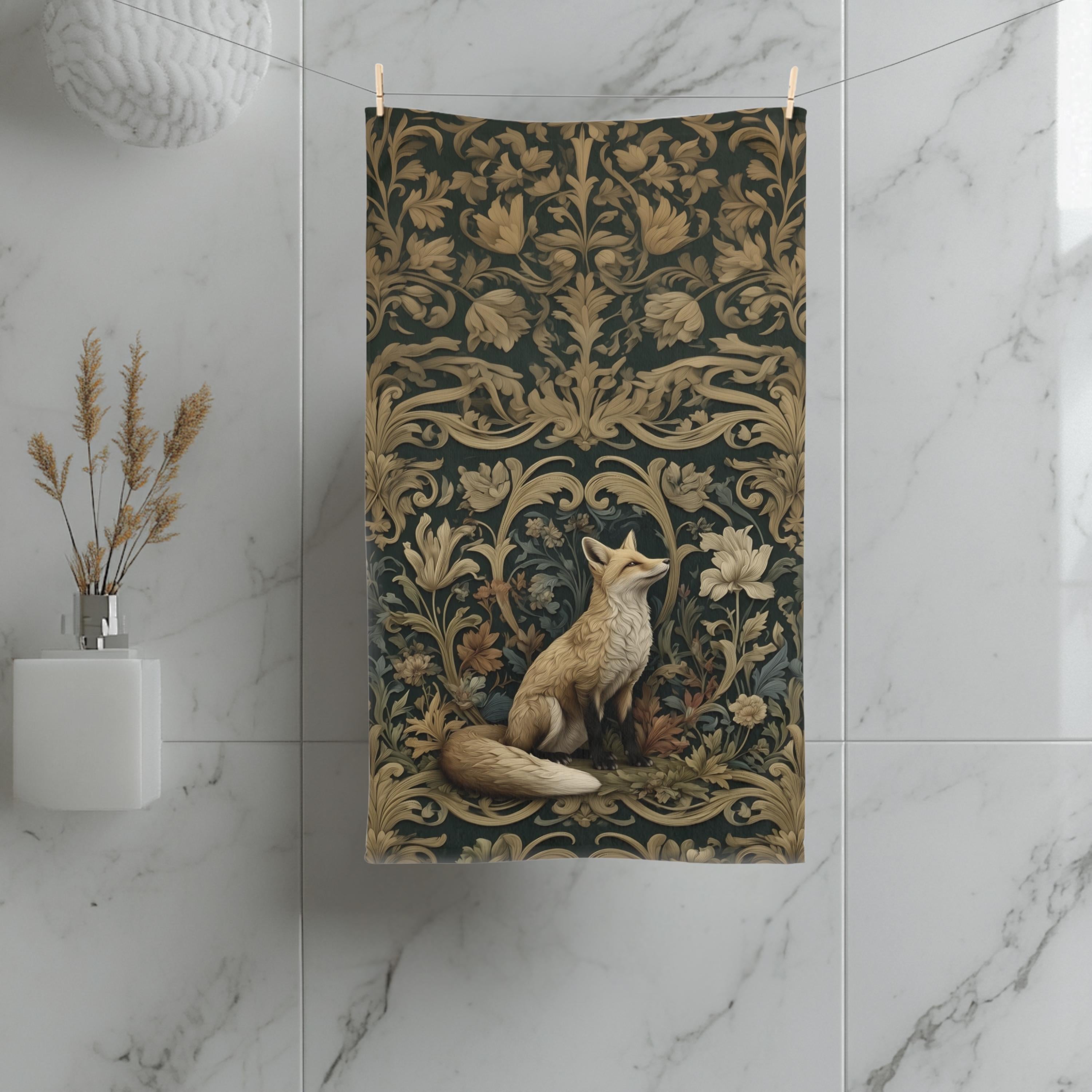 William Morris Fox Hand Towel: Dark Woodland Botanical Arts & Crafts Decor