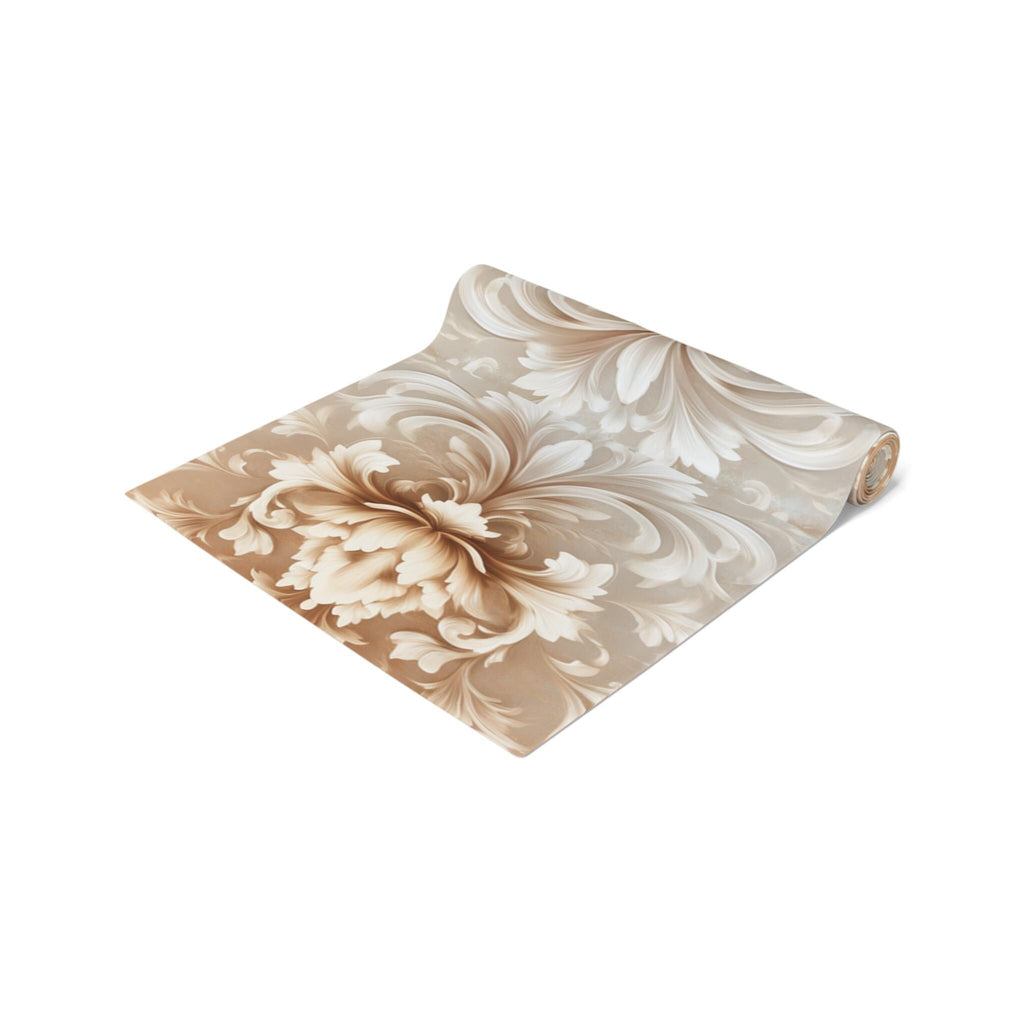 Elegant Damask Floral Table Runner: Ivory-Beige-Caramel Gradient, Luxury Home Decor Accent