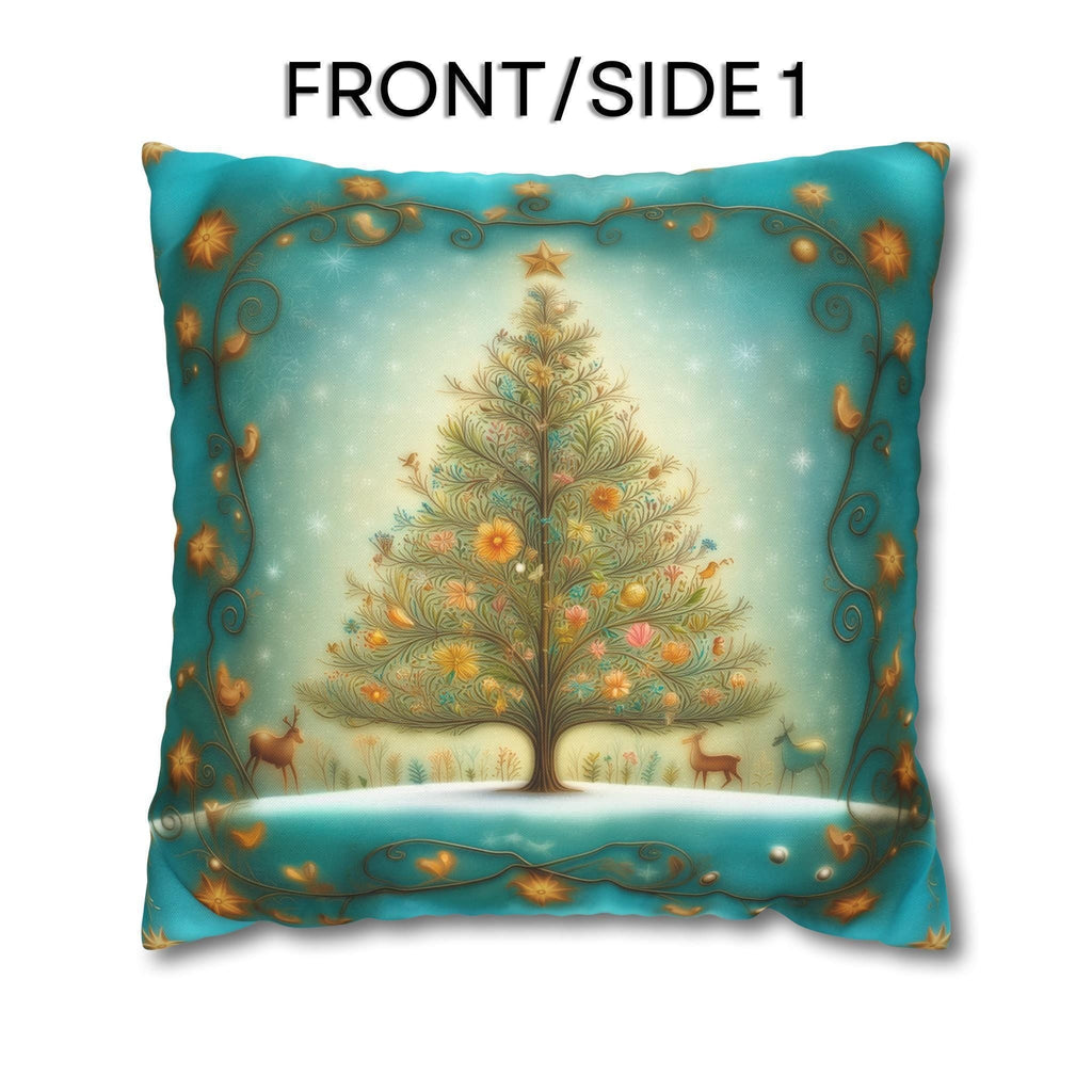 Vintage Style Teal Blue Christmas Tree Pillow Cover: Floral Winter Scene with Gold Accents