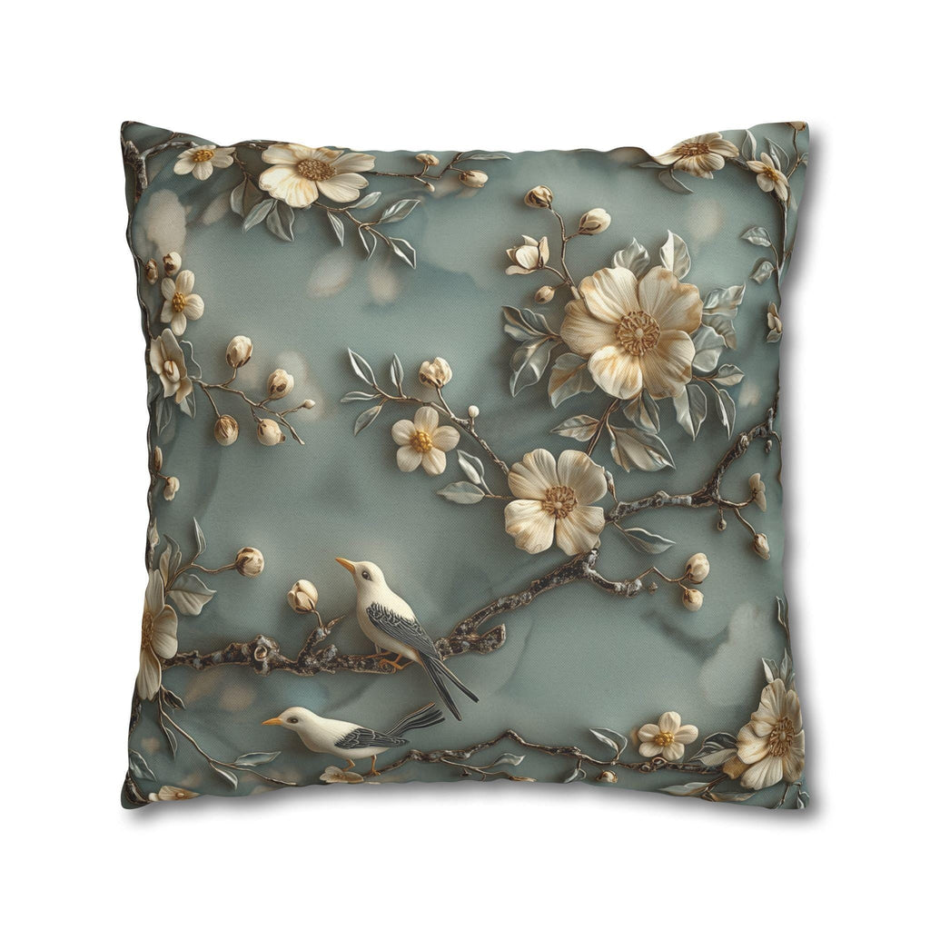 Elegant Chinoiserie Floral Pillow Cover: Cream Blossoms on Dreamy Soft Blue Background