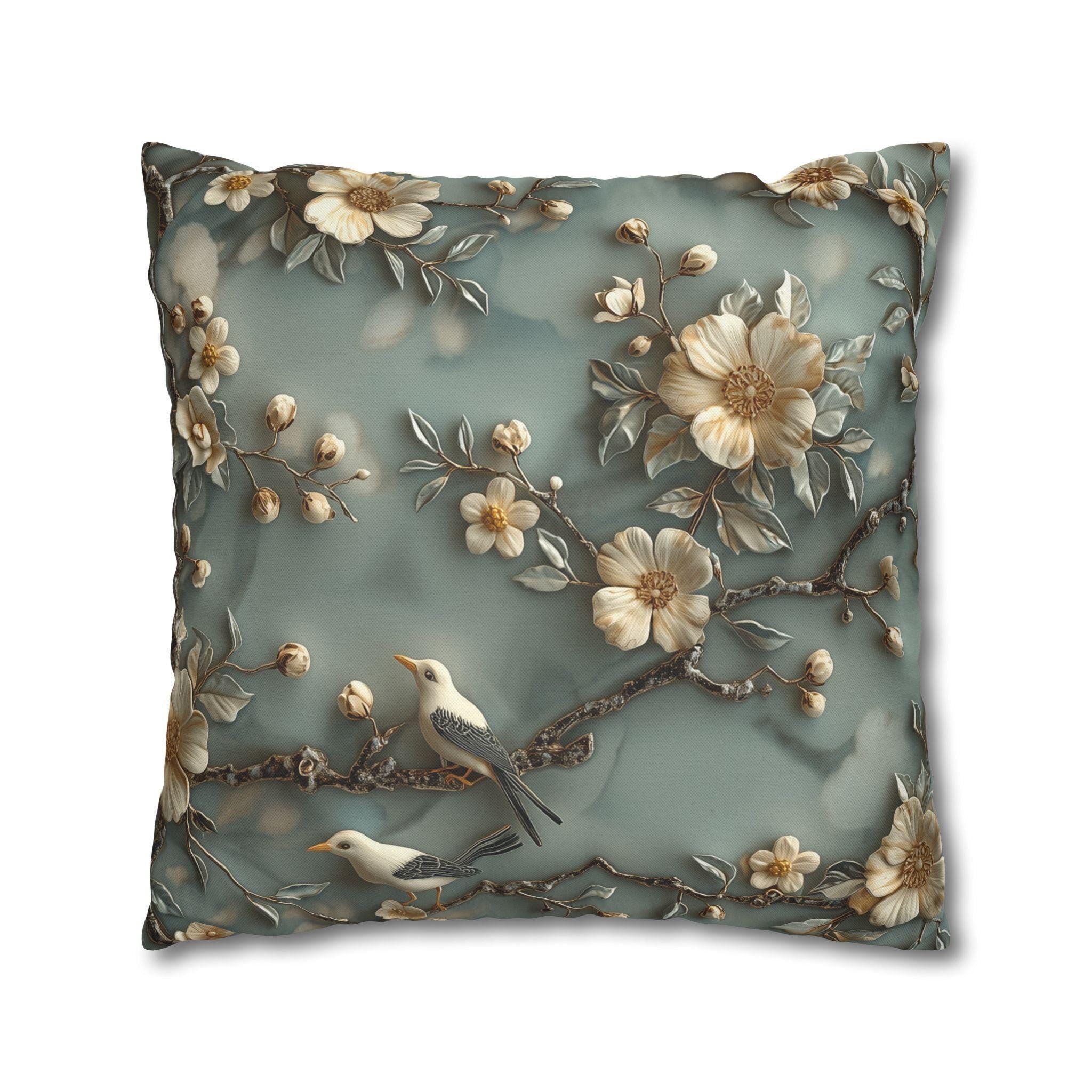 Elegant Chinoiserie Floral Pillow Cover: Cream Blossoms on Dreamy Soft Blue Background