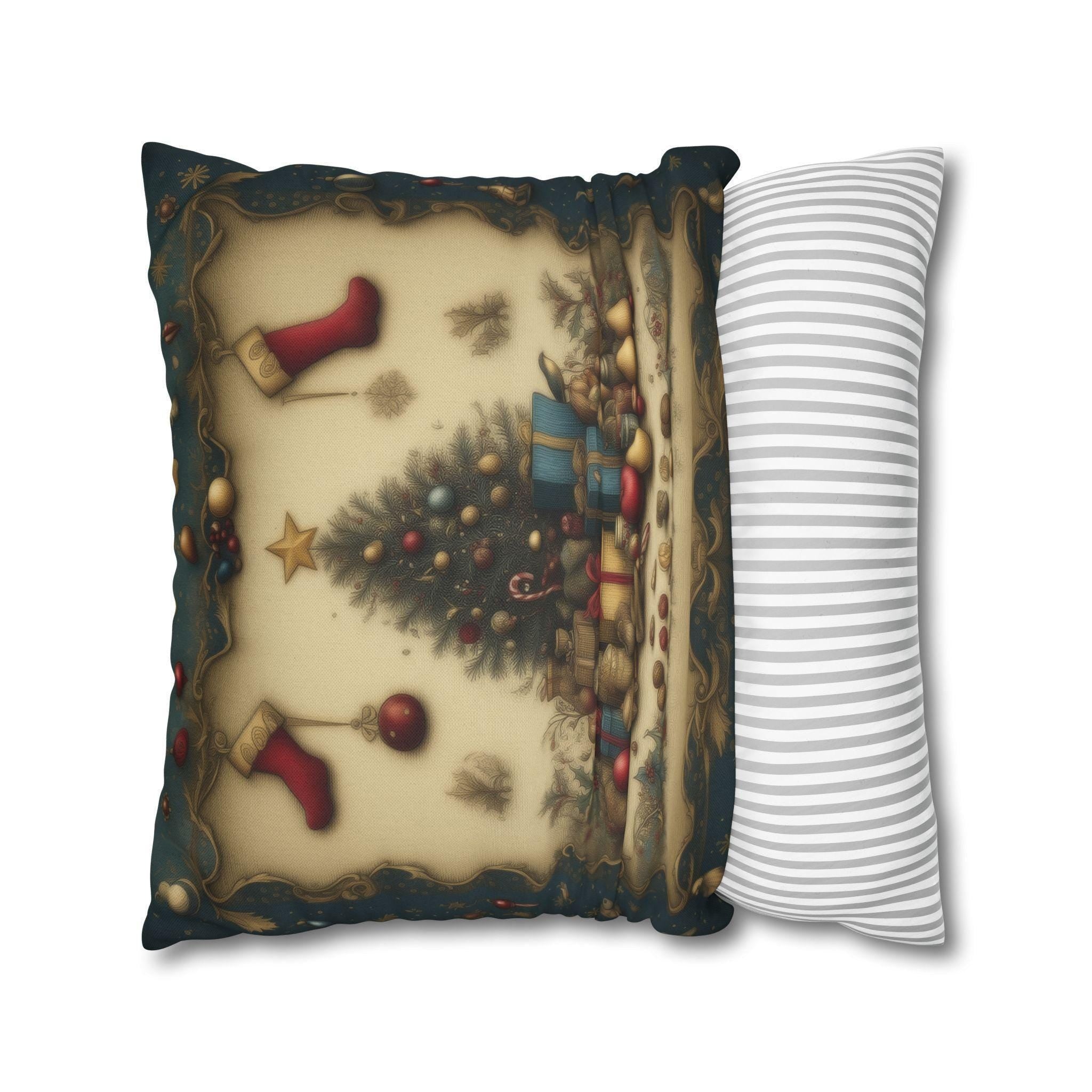 Vintage Style Christmas Nostalgia Pillow Cover: Holiday Tree with Gifts & Stockings