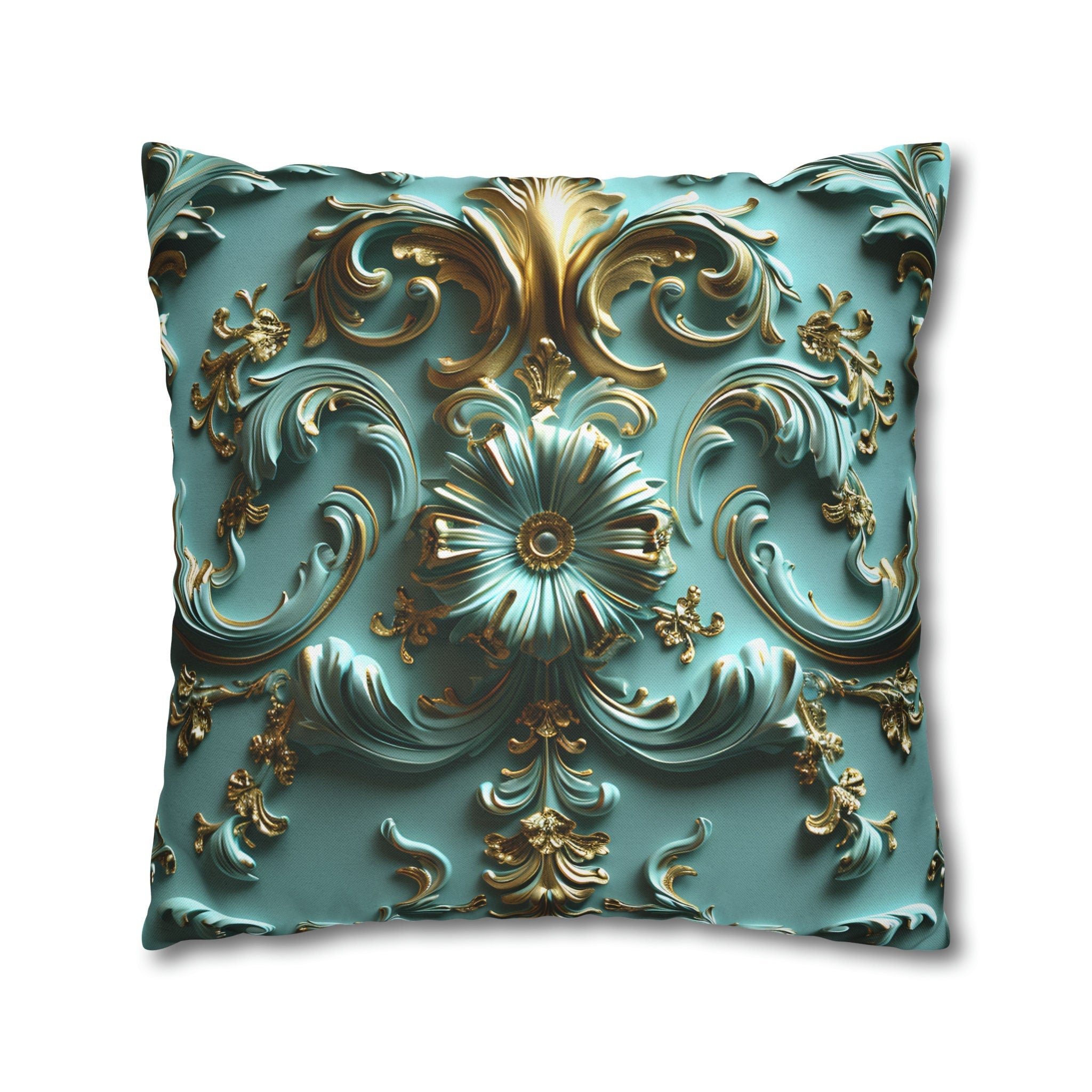 Luxurious Baroque Teal & Gold Floral Throw Pillow Cover | Elegant Scrollwork Design for Dramatic Decor