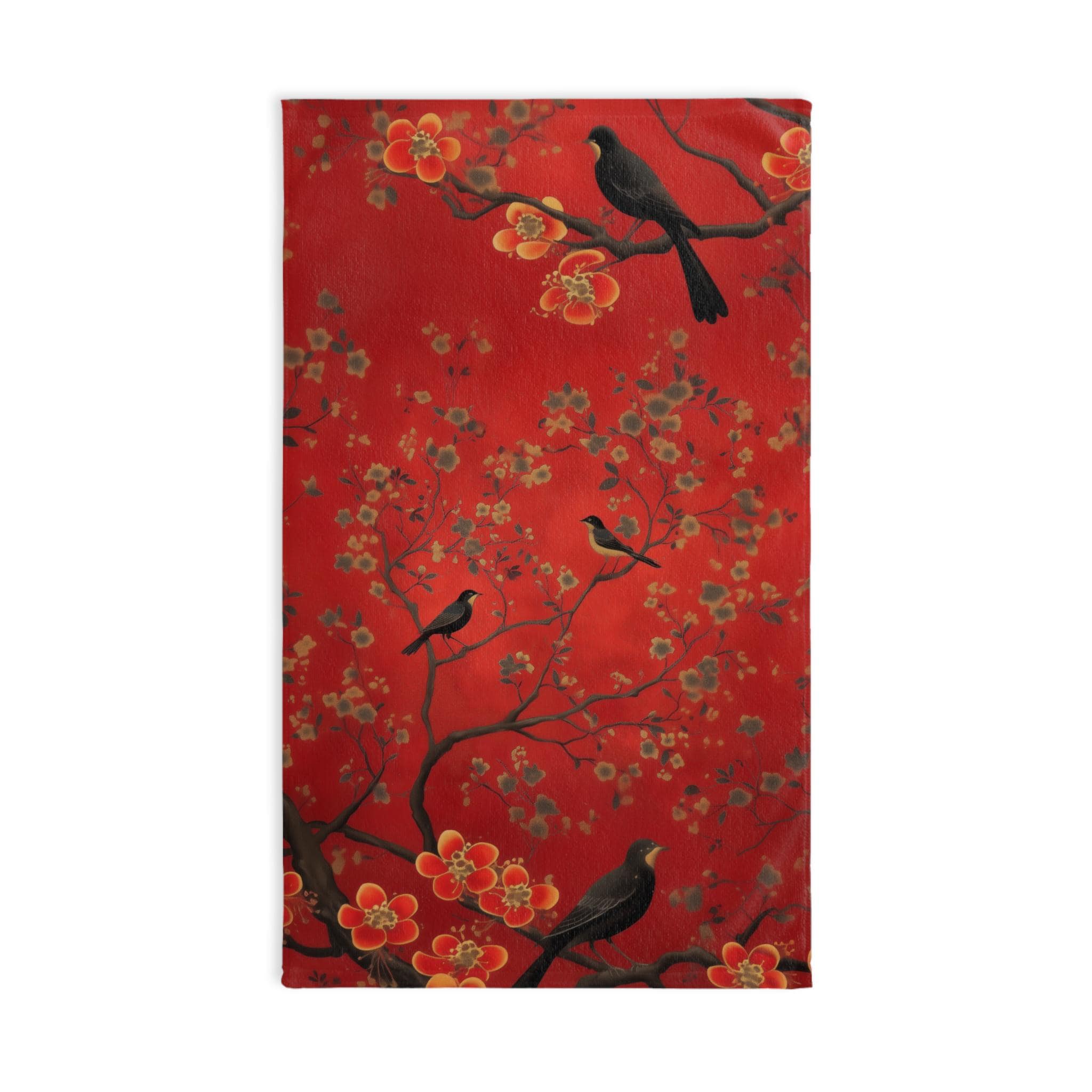 Chinoiserie Hand Towel: Red Floral Bird Art, Asian Decor