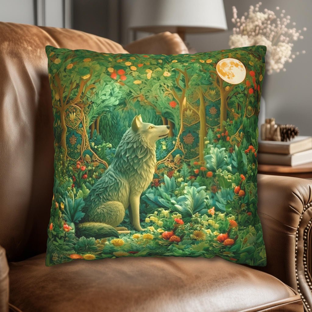 William Morris Inspired Pillow Cover: Full Moon Woodland Wolf Design