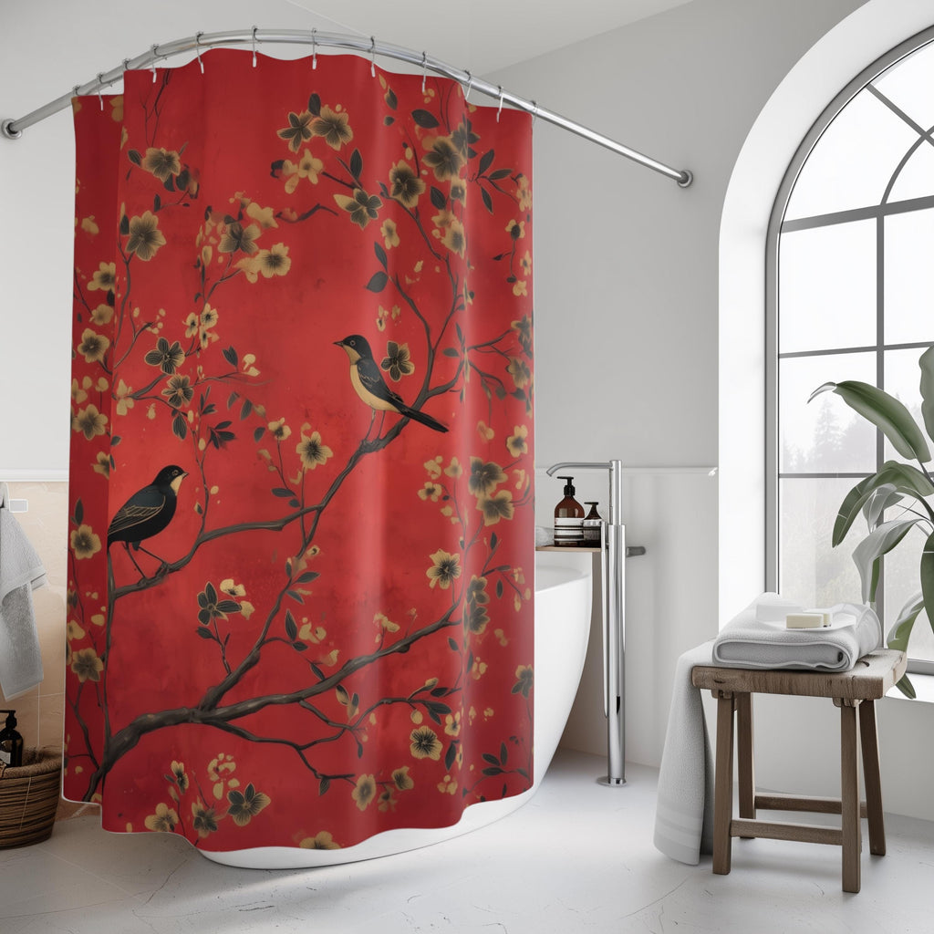 Elegant Chinoiserie Shower Curtain: Red Floral with Black Birds, Asian-Inspired Bathroom Decor