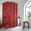 Elegant Chinoiserie Shower Curtain: Red Floral with Black Birds, Asian-Inspired Bathroom Decor