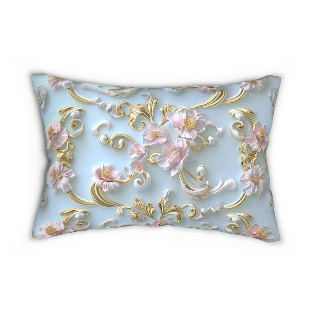 Rococo-Inspired Coquette Lumbar Pillow: Soft Pink Flowers on Pastel Blue with Gold Accents