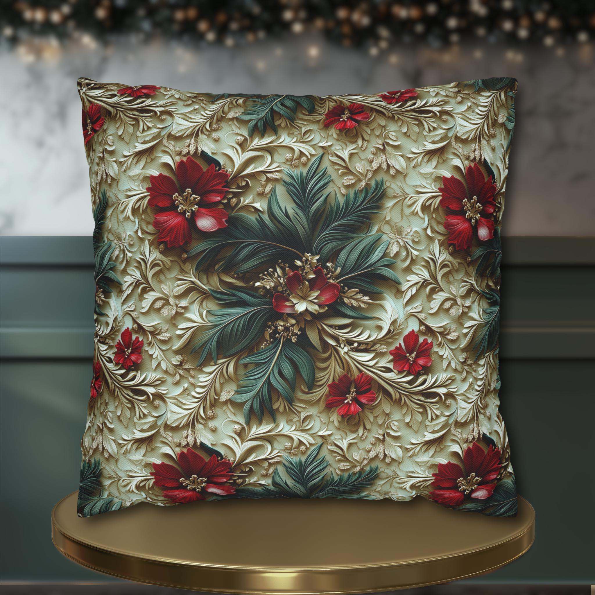 Elegant Christmas Poinsettia Pillowcase: Luxurious Floral Holiday Decor with Beige Background