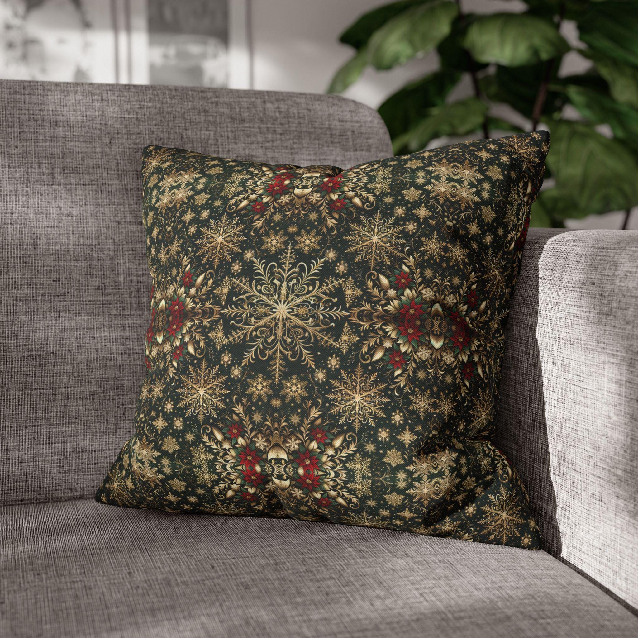 Elegant Gold Snowflake Poinsettia Square Pillow Cover: Holiday Tapestry Pattern for Christmas Home Decor
