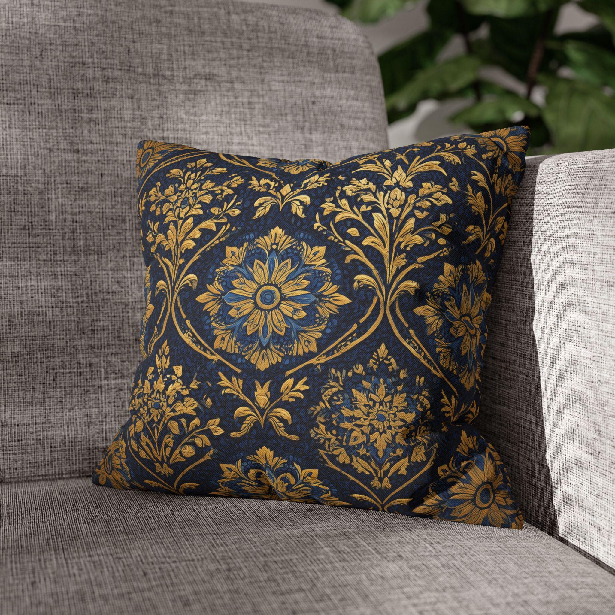 Blue and Gold Damask Pillow Cover: Vintage Style Regal Cushion