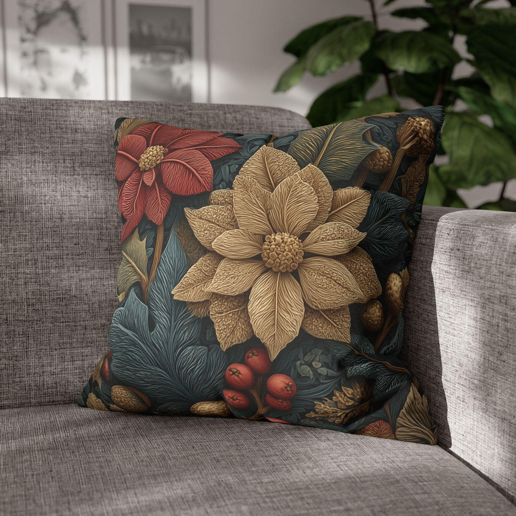 William Morris Christmas Pillow Cover: Wine and Taupe for n Gray Poinsettia Woodland Illustration