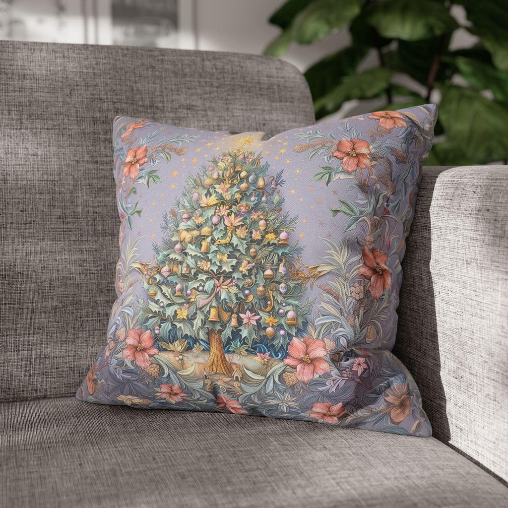 William Morris Christmas Pillow Cover: Frosted Pastel Tree, Lilac and Pink Botanical Holiday