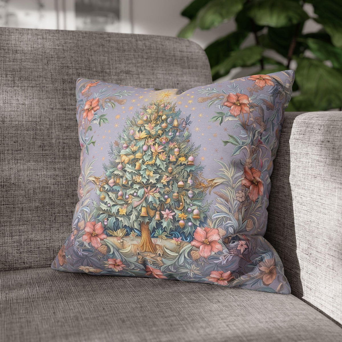William Morris Christmas Pillow Cover: Frosted Pastel Tree, Lilac and Pink Botanical Holiday