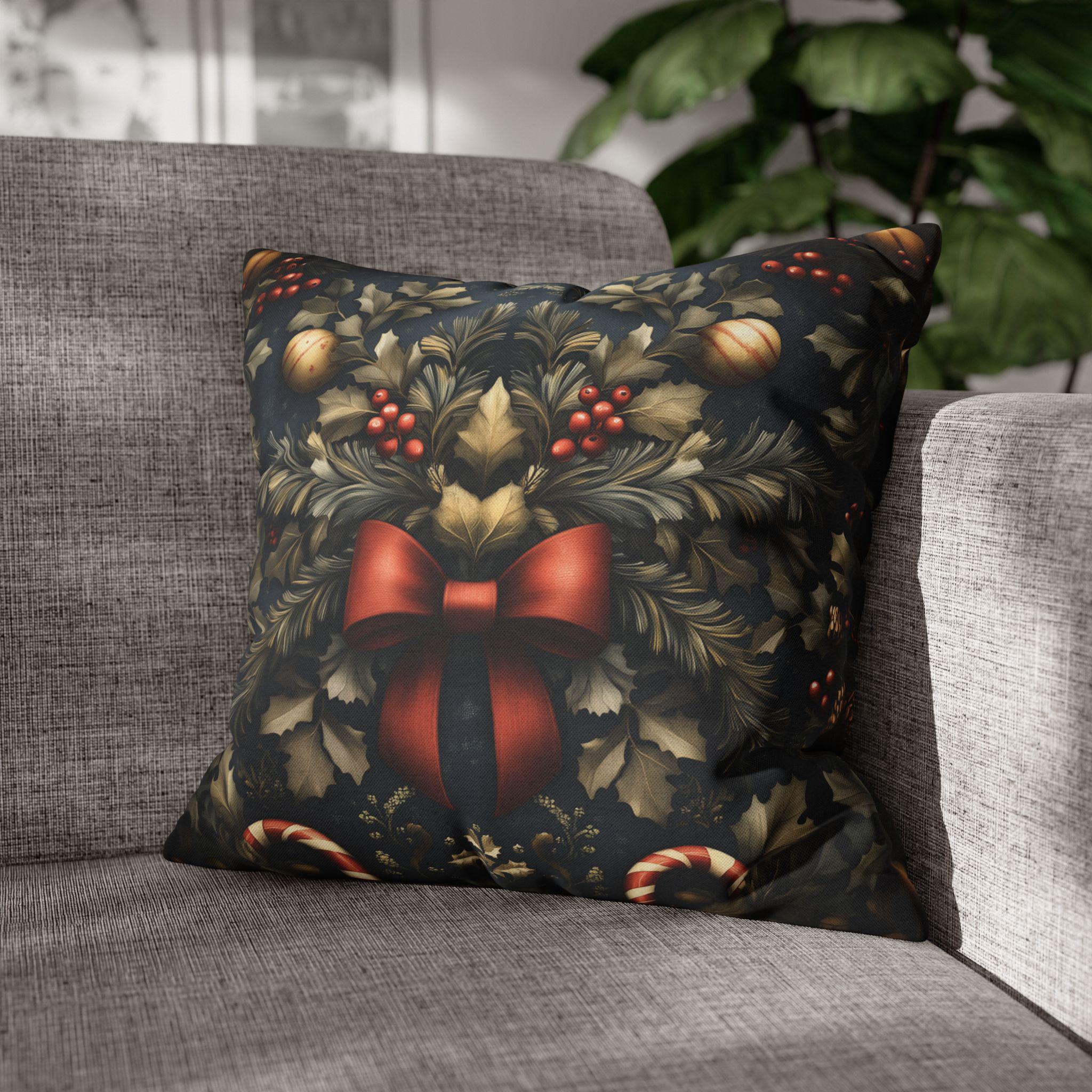 Midnight Holiday Pillow Cover: Morris-Style Christmas Theme in Navy, Gold & Red