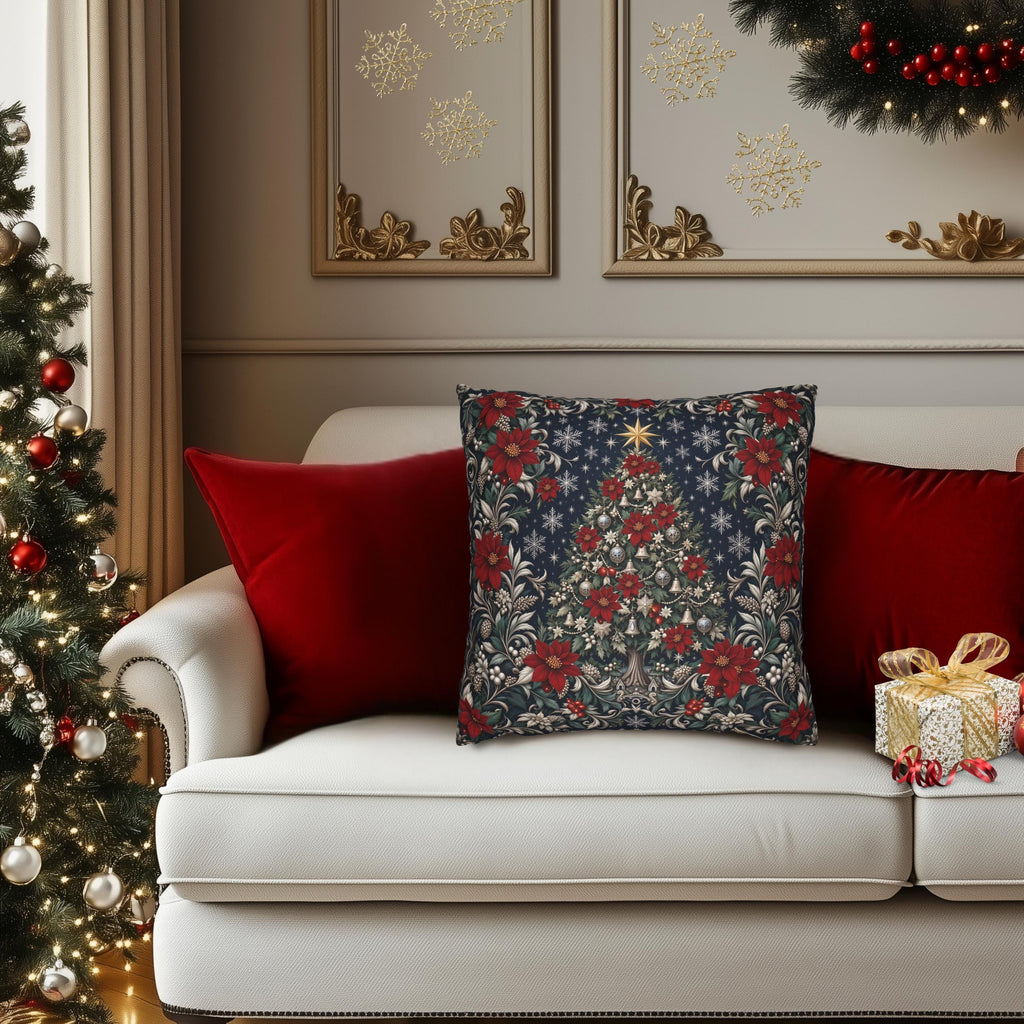 William Morris Christmas Pillow Cover: Navy Blue Poinsettia, Silver Snowflake Vintage Style Holiday