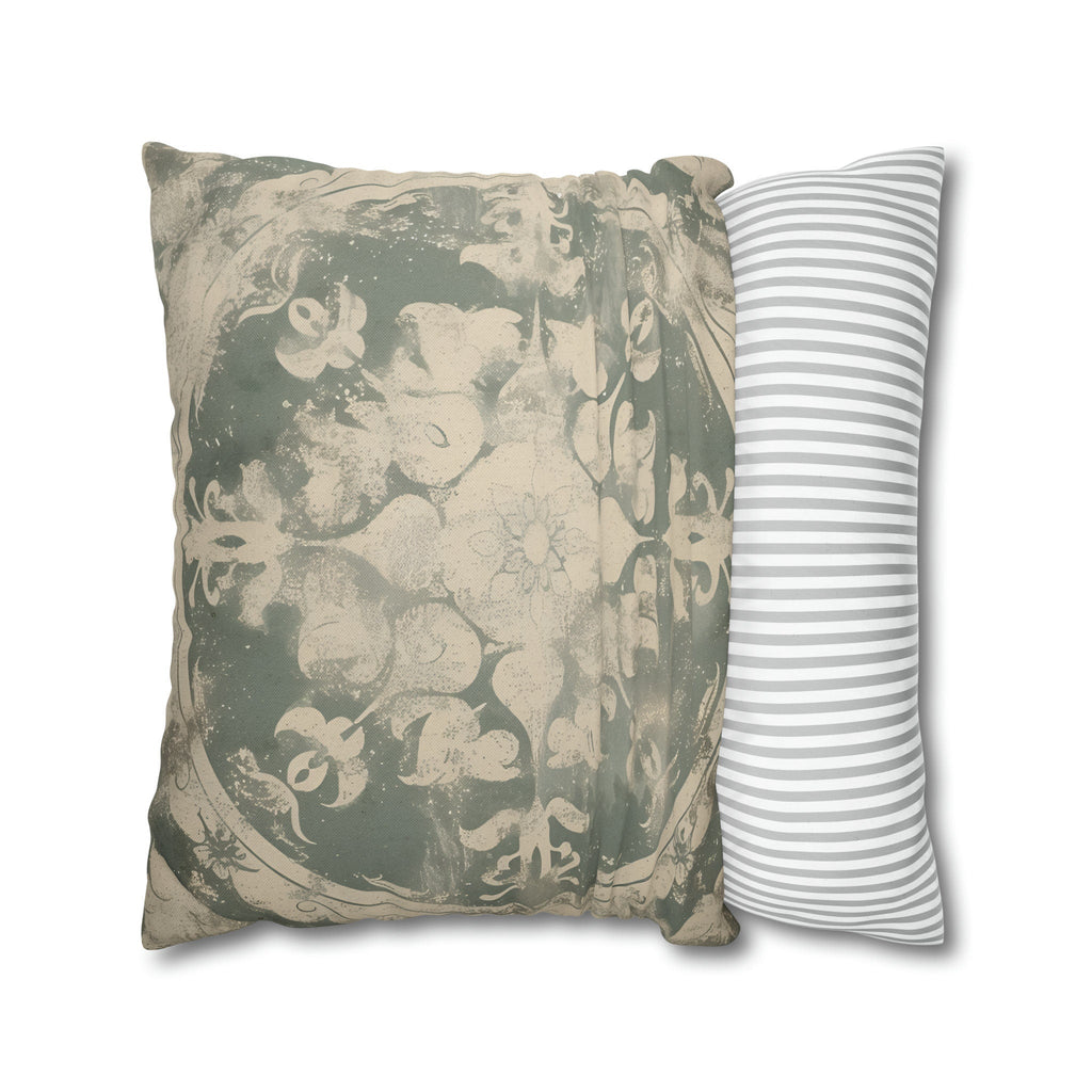 Vintage-Inspired French Farmhouse Pillow Cover: Faded Symmetrical Design in Sage & Off-White