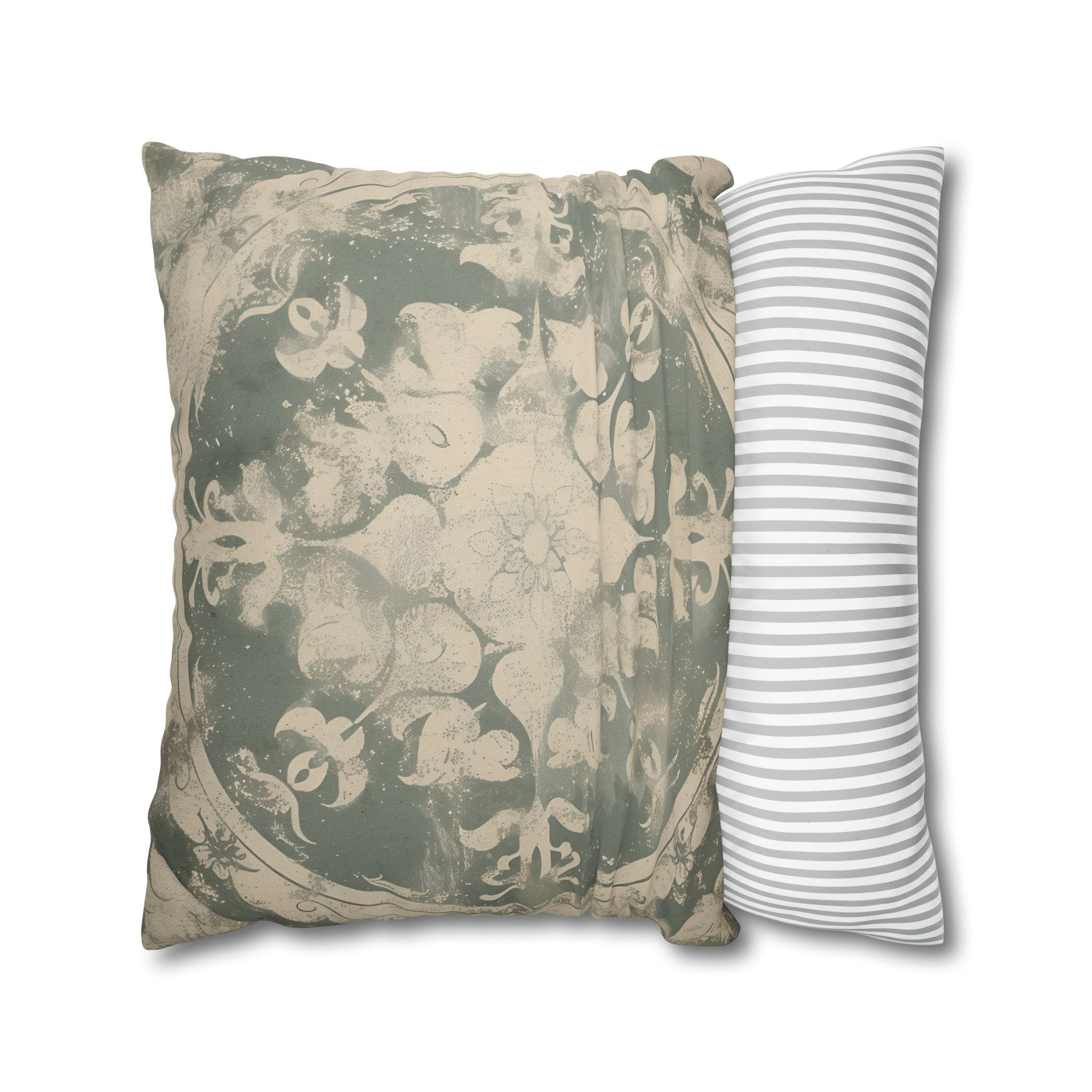 Vintage-Inspired French Farmhouse Pillow Cover: Faded Symmetrical Design in Sage & Off-White