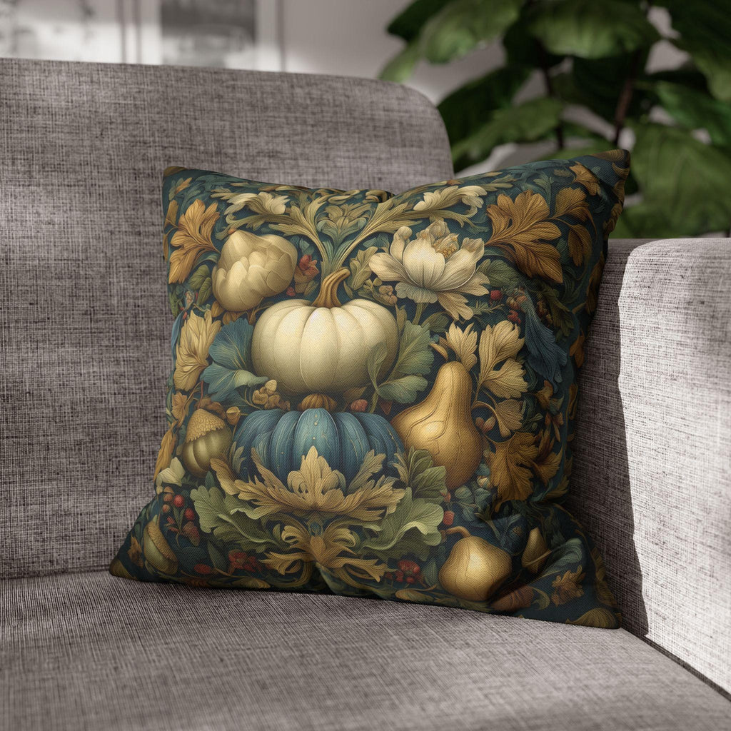 William Morris Inspired Autumn Pillow Cover: Teal, Gold, and Ivory Harvest Design