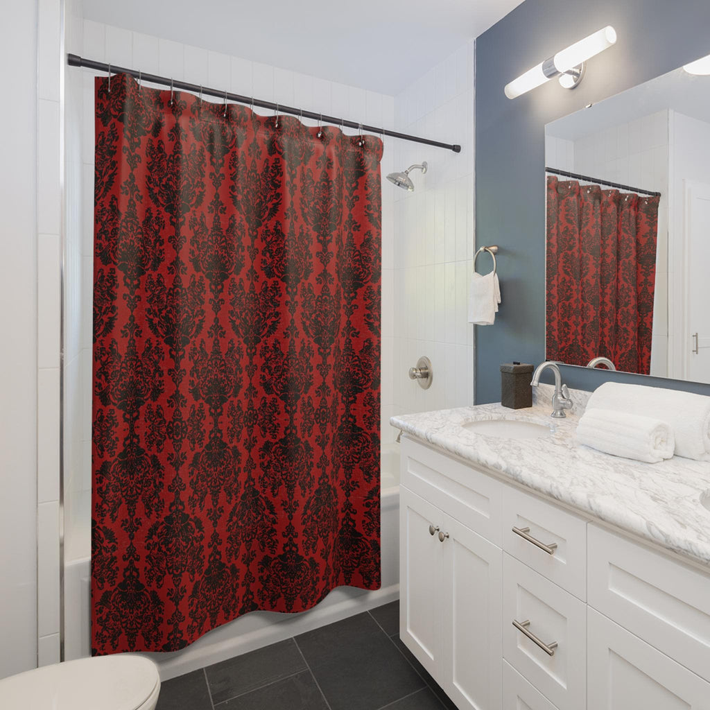 Elegant Gothic Damask Shower Curtain: Black & Crimson Vampire-Inspired Bath Decor for Romantic Ambiance