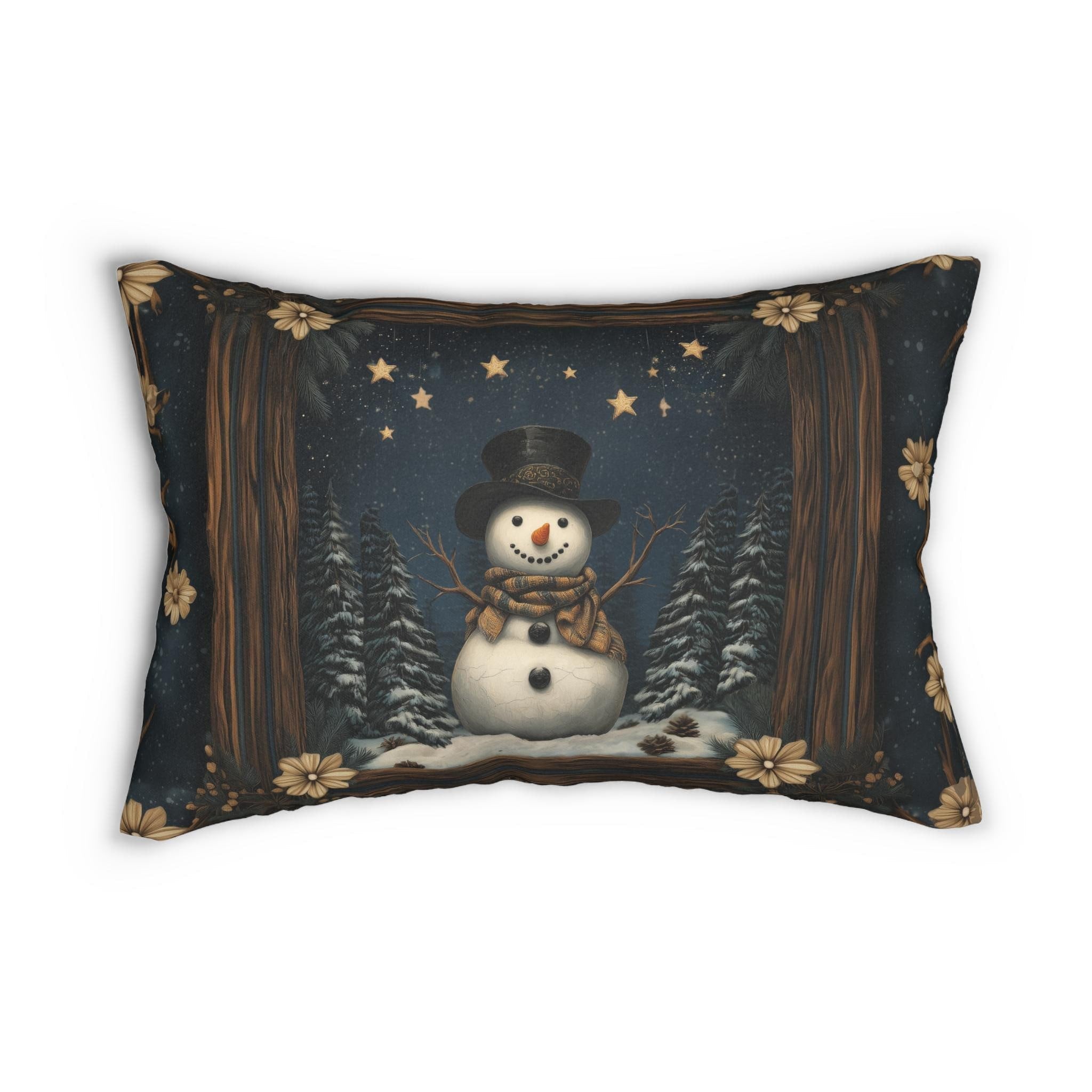 William Morris Inspired Winter Snowman Lumbar Pillow, Christmas Throw Cushion