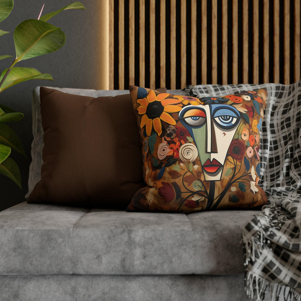 Cubist Wildflower Throw Pillow Cover: Picasso-Inspired Geometric Face Art in Autumn Hues