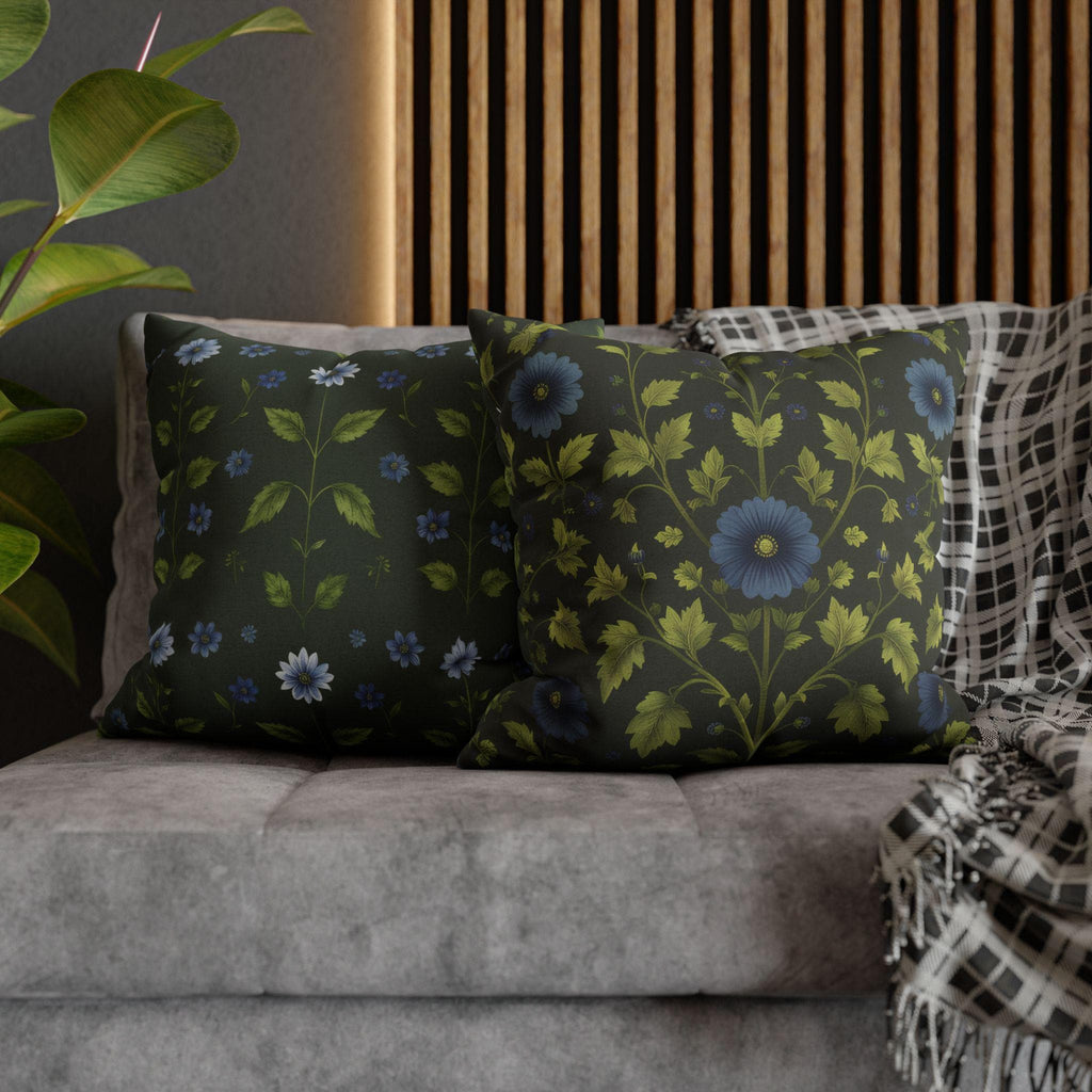 Botanical Pillow Cover: William Morris Inspired Green Cushion with Double-Sided Blue Floral Pattern