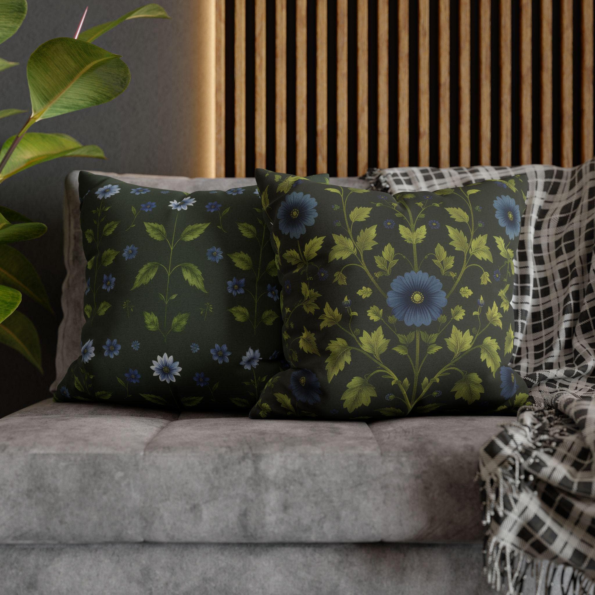 Botanical Pillow Cover: William Morris Inspired Green Cushion with Double-Sided Blue Floral Pattern