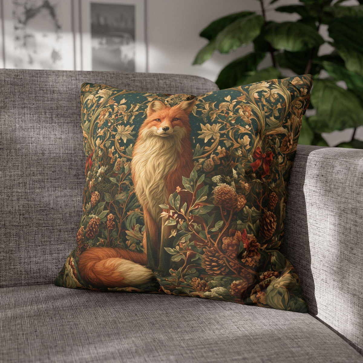 William Morris Inspired Christmas Pillow Cover: Woodland Fox Botanical Holiday Decor