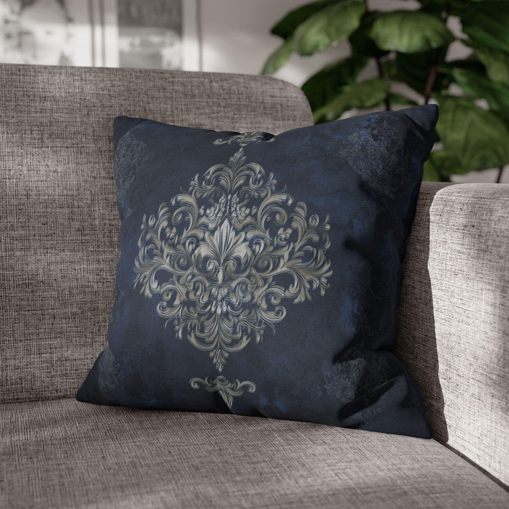 Elegant Navy Blue Damask Pillow Cover with Antique Gold Scroll Pattern - Baroque Accent Cushion
