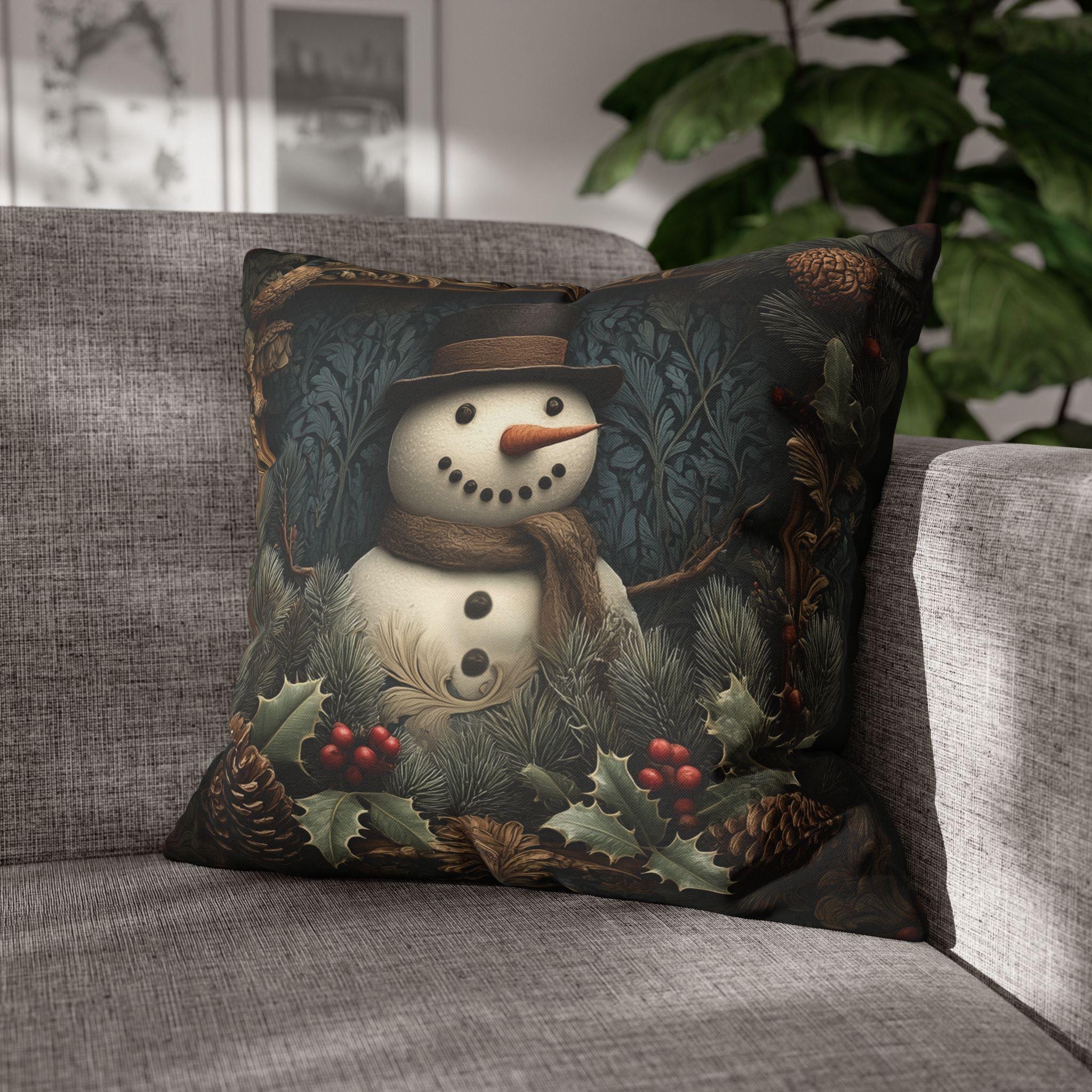 William Morris Inspired Christmas Snowman Pillow Cover: Woodland Pine & Holly Illustration